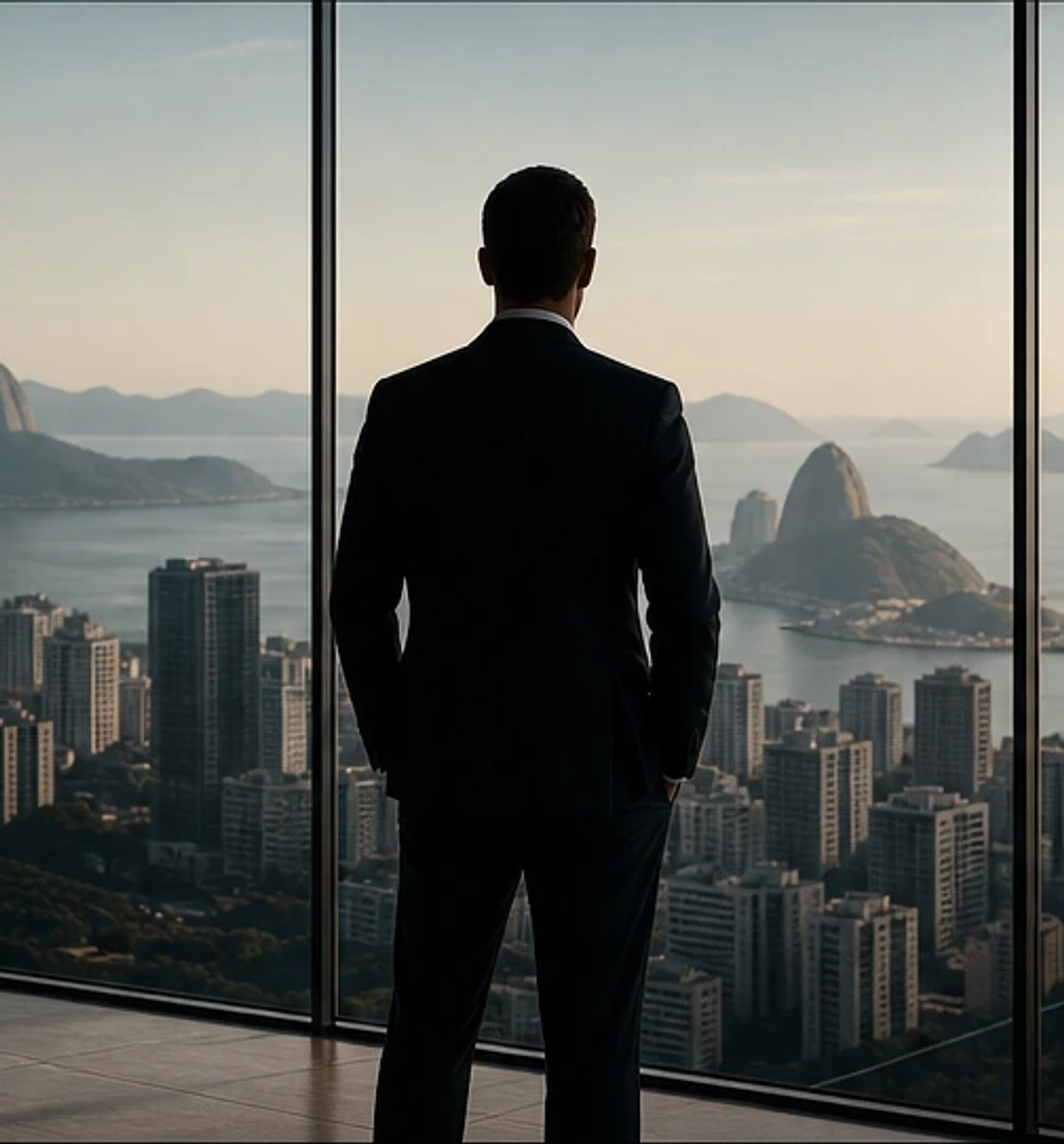 Executivo observando a cidade a partir de um escritório alto